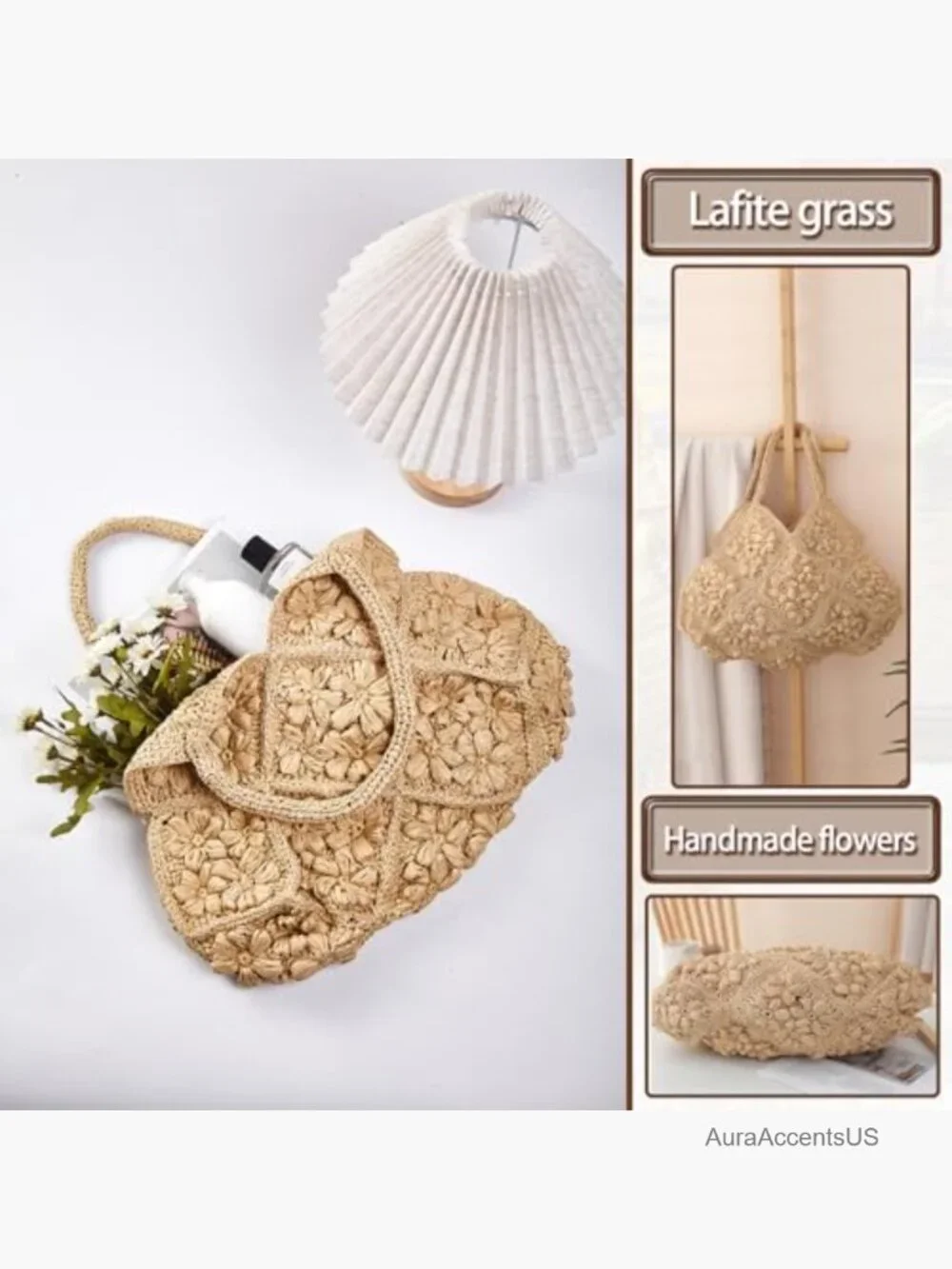 Crochet Floral Panel Hobo Bag in Beige